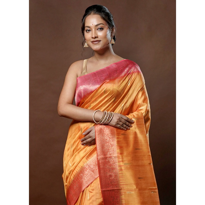Yellow Tussar Silk Saree With Blouse Piece - JD986578761
