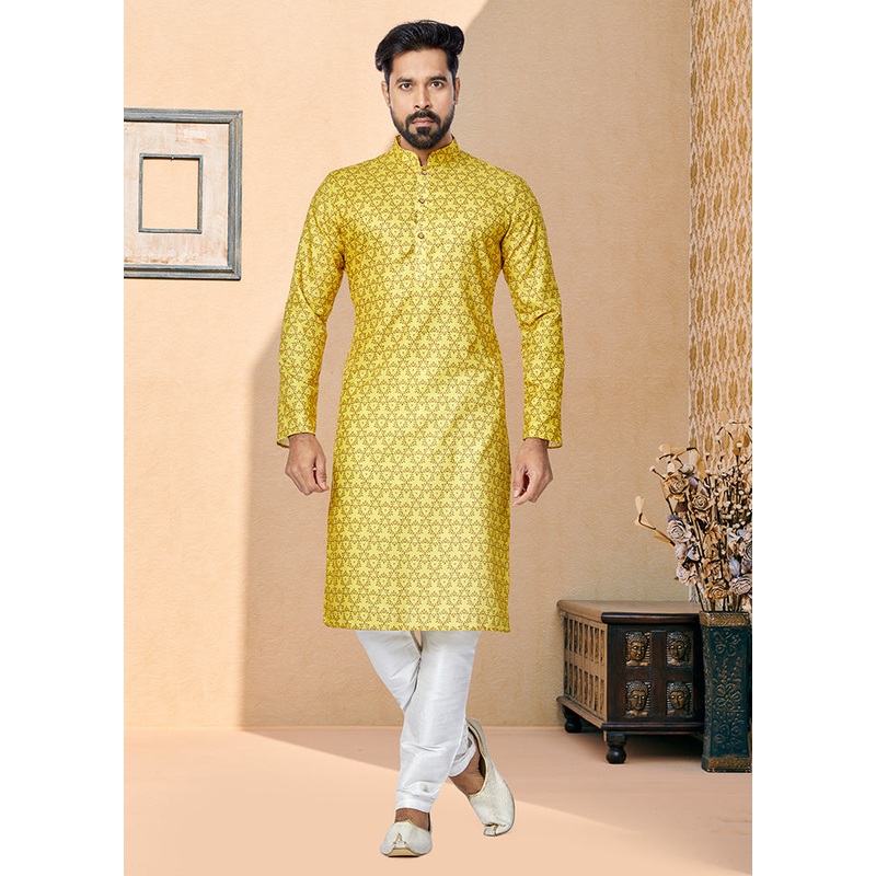 2 Pc Yellow Cotton Kurta And Pajama Set - JD986578714