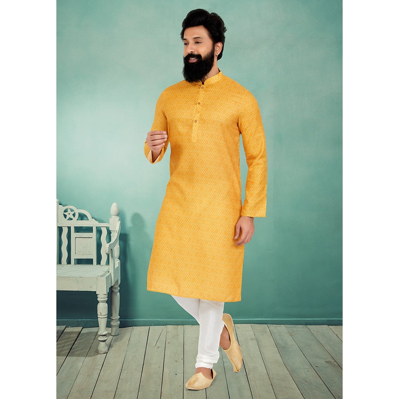 2 Pc Yellow Cotton Kurta And Pajama Set - JD986578715