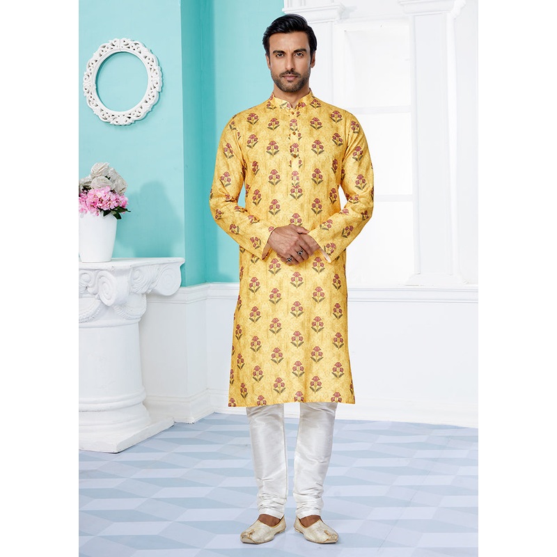 2 Pc Yellow Cotton Kurta And Pajama Set - JD986578716