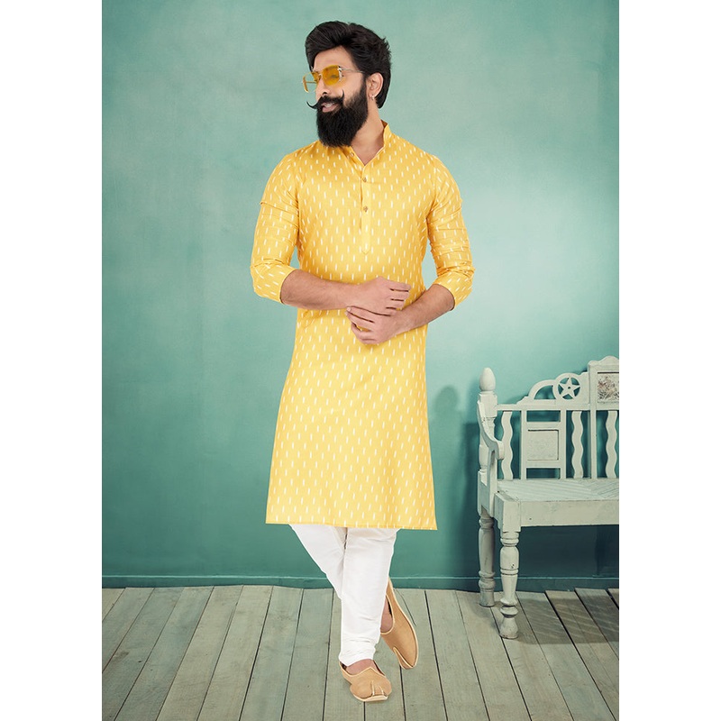 2 Pc Yellow Cotton Kurta And Pajama Set - JD986578717