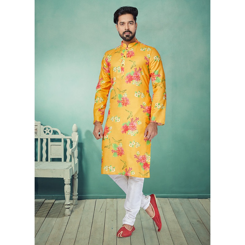 2 Pc Yellow Cotton Kurta And Pajama Set - JD986578718
