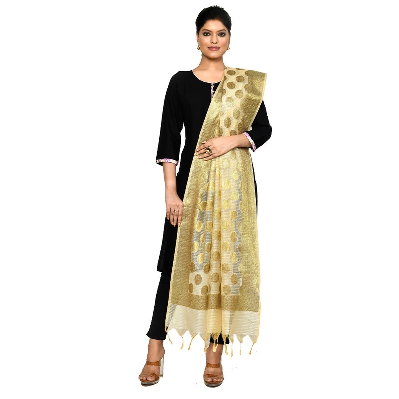 Beige Cotton Silk Zari Work Dupatta - JD986578654