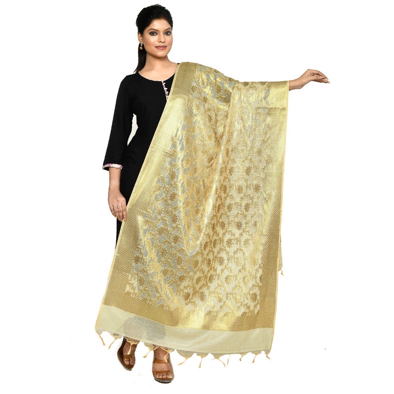Beige Cotton Silk Zari Work Dupatta - JD986578655