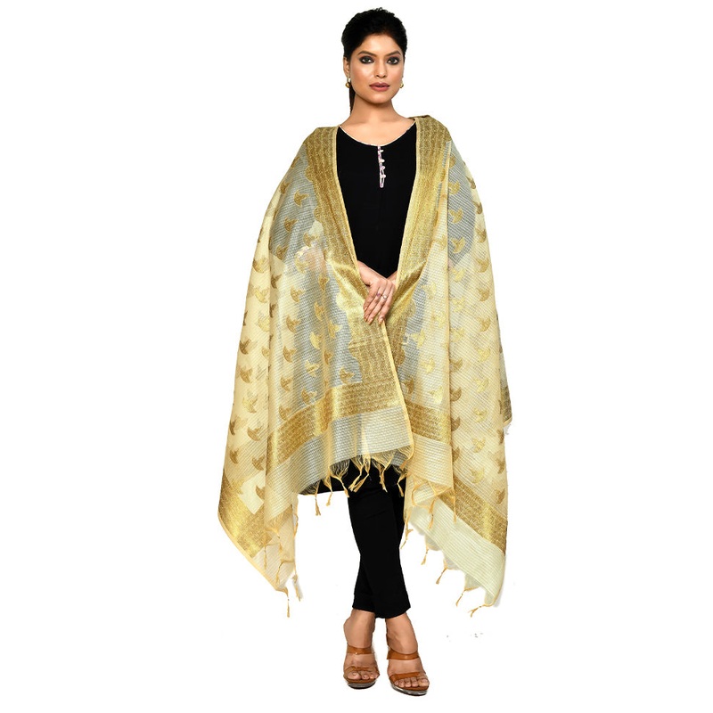 Beige Cotton Silk Zari Work Dupatta - JD986578656