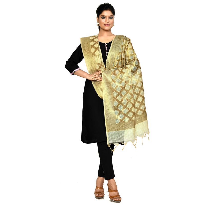 Beige Cotton Silk Zari Work Dupatta - JD986578658