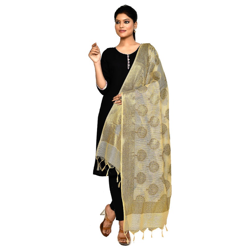 Beige Cotton Silk Zari Work Dupatta - JD986578660