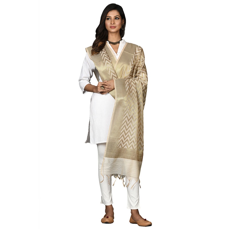 Beige Cotton Silk Zari Work Dupatta - JD986578661