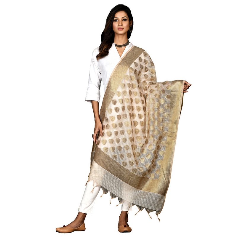 Beige Cotton Silk Zari Work Dupatta - JD986578662