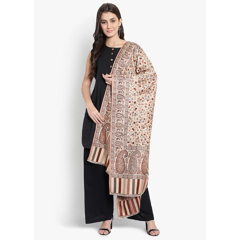 Beige Jacquard Woven Woolen Shawl - JD986578686