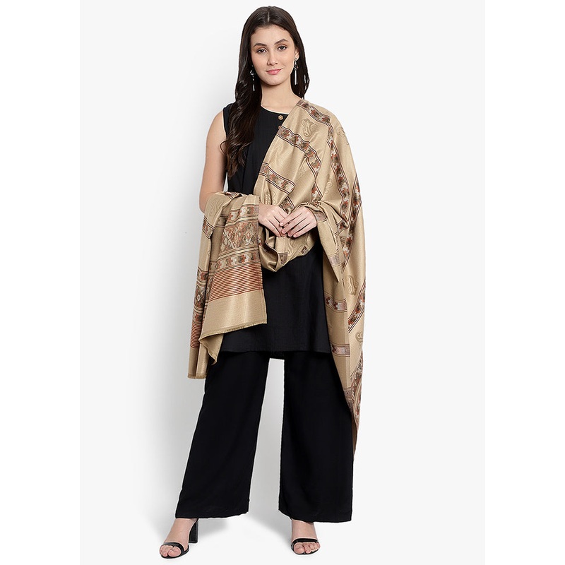 Beige Jamewar Woven Silk Shawl - JD986578694