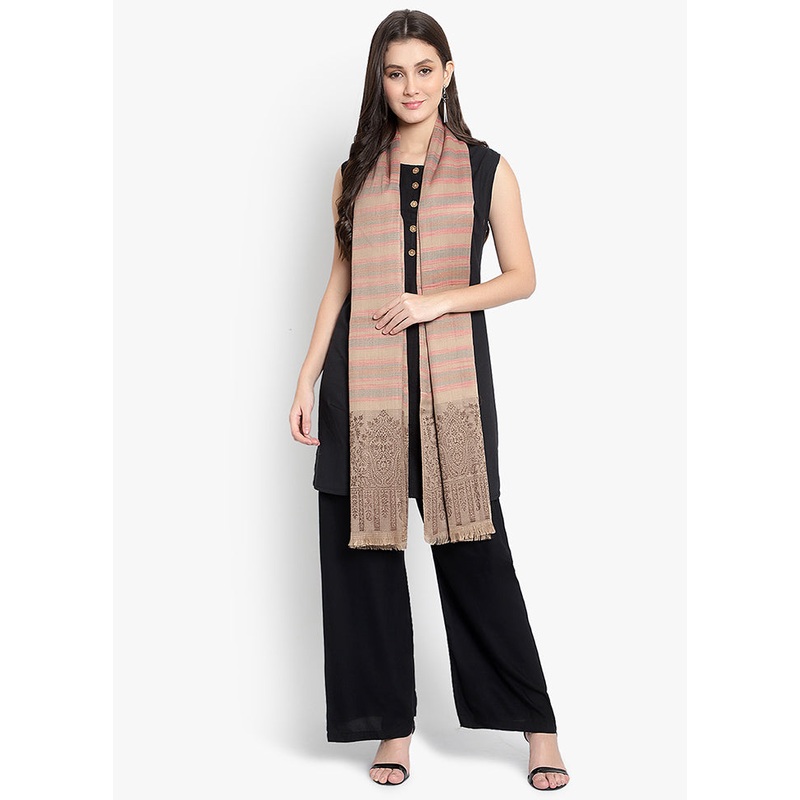 Beige Striped Woolen Shawl - JD986578684