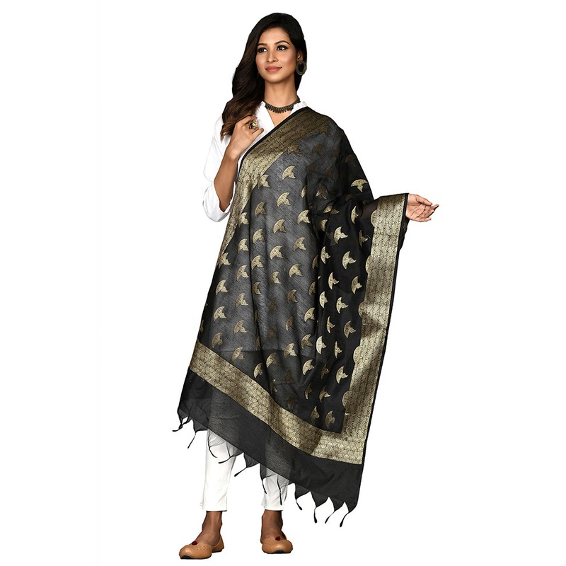 Black Cotton Silk Zari Work Dupatta - JD986578651