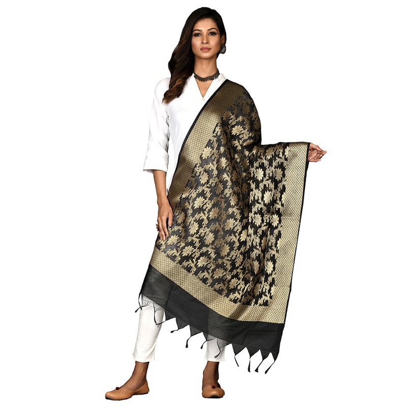 Black Cotton Silk Zari Work Dupatta - JD986578652