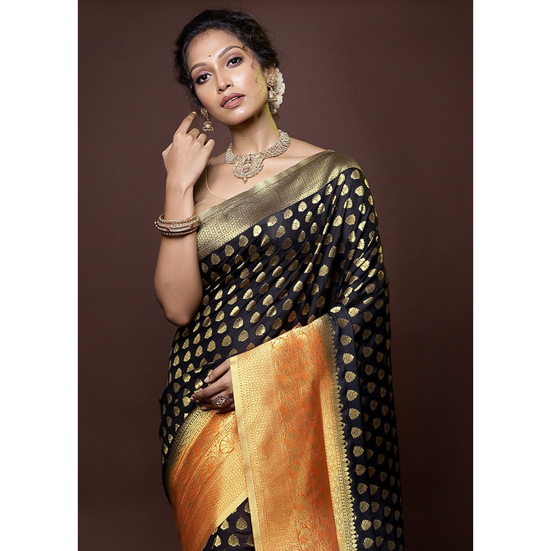 Black Dupion Silk Saree With Blouse Piece - JD986578670
