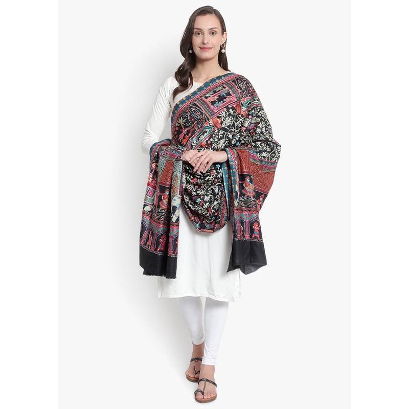 Black Pasmina Kalamari Woolen Shawl - JD986578679
