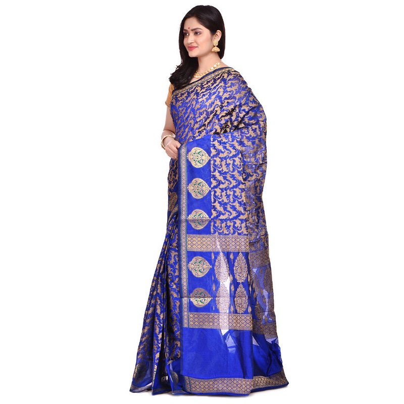 Blue Cotton Saree With Blouse Piece - JD986578671