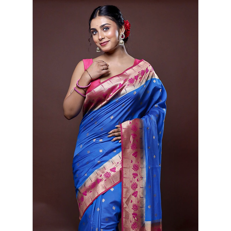 Blue Dupion Silk Saree With Blouse Piece - JD986578638