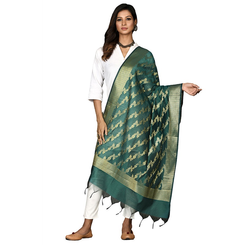 Bottle Green Cotton Silk Zari Work Dupatta - JD986578650