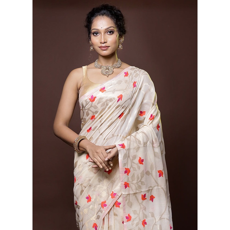 Cream Cotton Saree With Blouse Piece - JD986578668