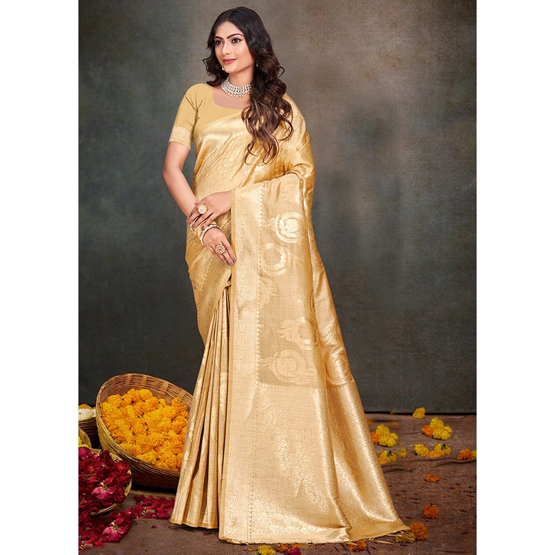 Golden Cotton Saree With Blouse Piece - JD986578569