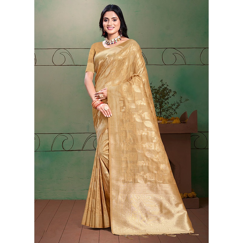 Golden Cotton Saree With Blouse Piece - JD986578586