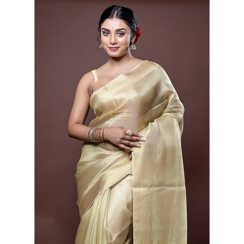 Golden Tissue Silk Saree With Blouse Piece - JD986578636