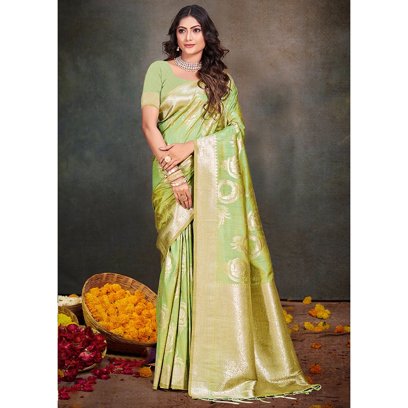 Green Cotton Saree With Blouse Piece - JD986578570