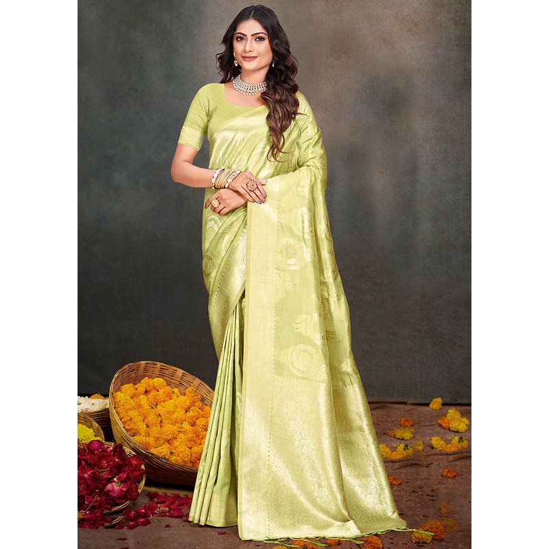 Green Cotton Saree With Blouse Piece - JD986578574