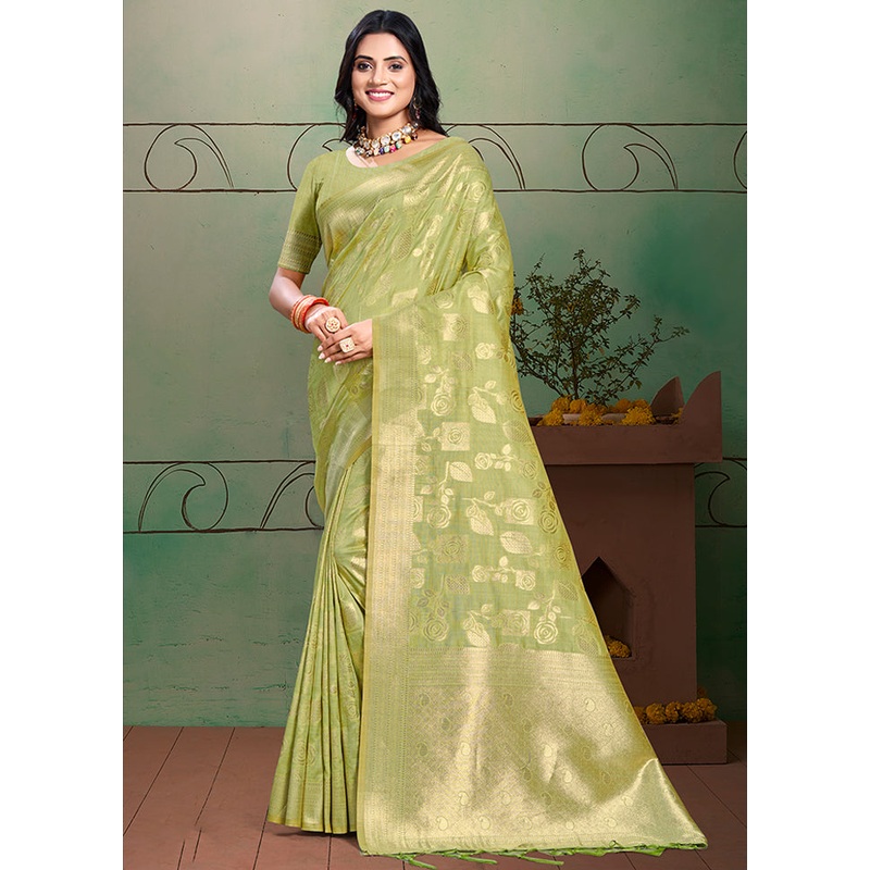 Green Cotton Saree With Blouse Piece - JD986578582