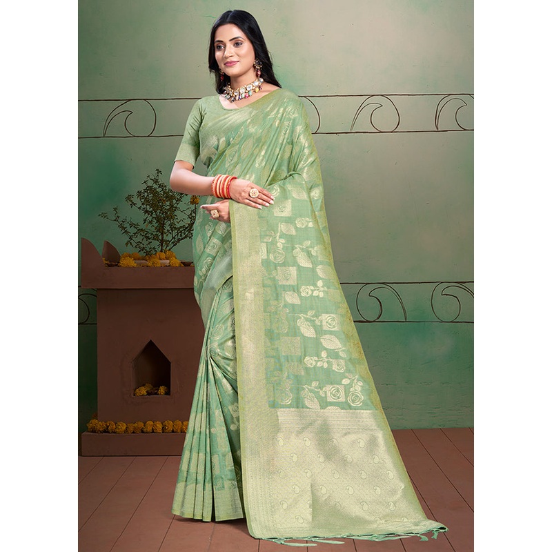 Green Cotton Saree With Blouse Piece - JD986578585