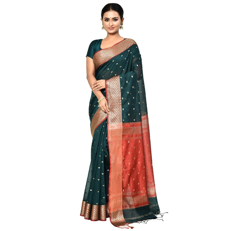 Green Cotton Saree With Blouse Piece - JD986578672