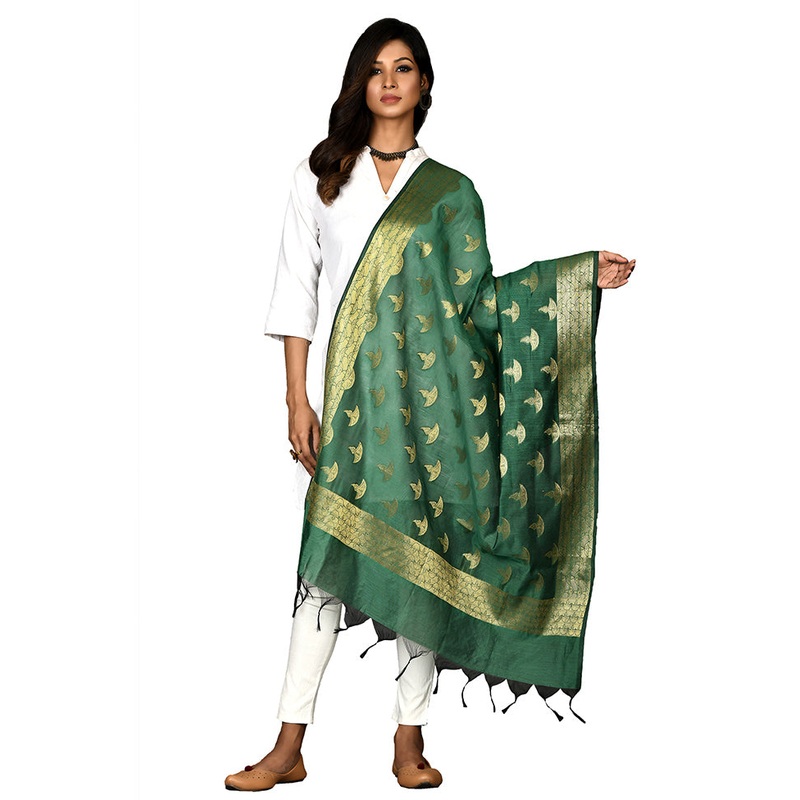Green Cotton Silk Zari Work Dupatta - JD986578648