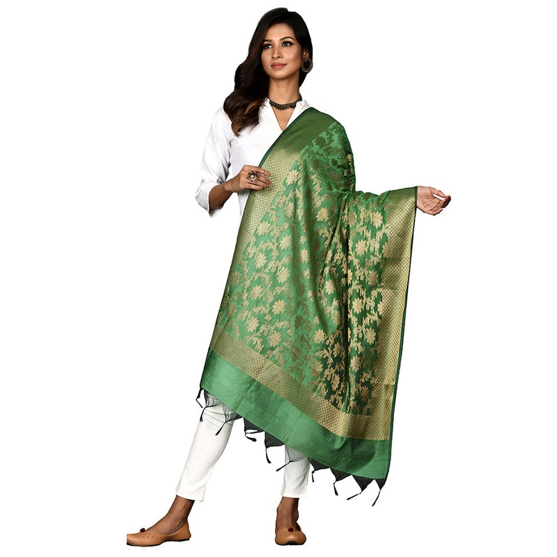Green Cotton Silk Zari Work Dupatta - JD986578649