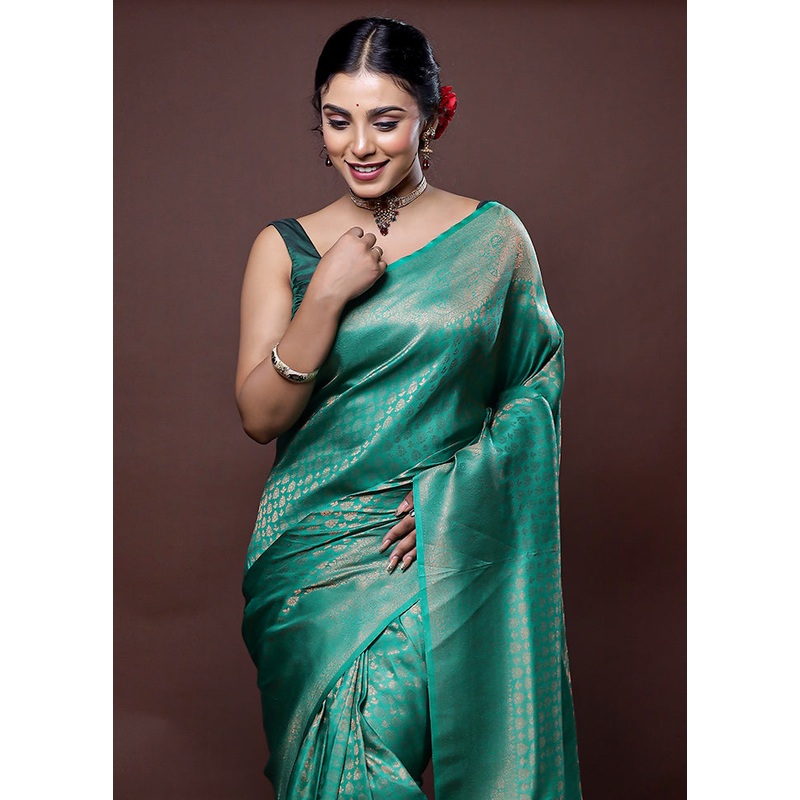 Green Dupion Silk Saree With Blouse Piece - JD986578630