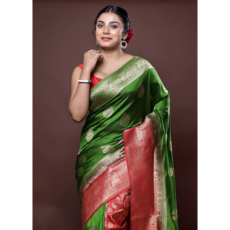 Green Dupion Silk Saree With Blouse Piece - JD986578631