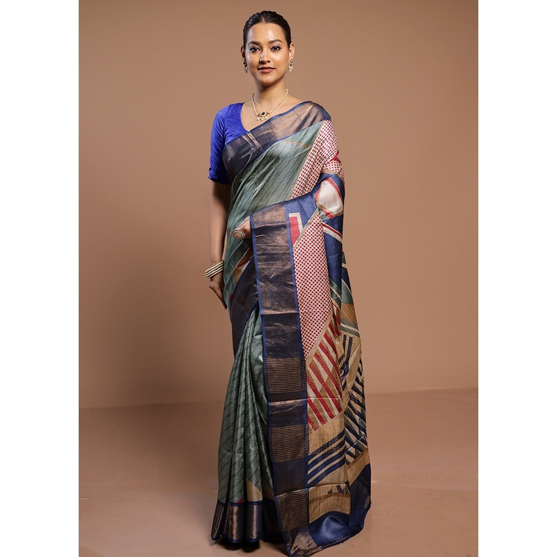Green Handloom Tussar Pure Silk Saree With Blouse Piece - JD986578530