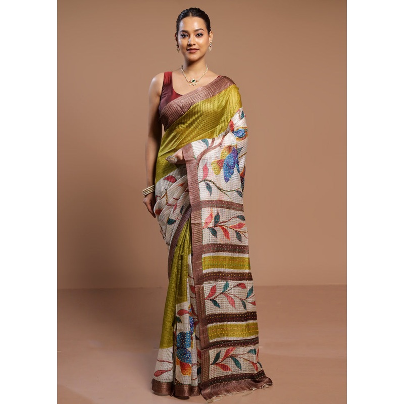 Green Handloom Tussar Pure Silk Saree With Blouse Piece - JD986578531