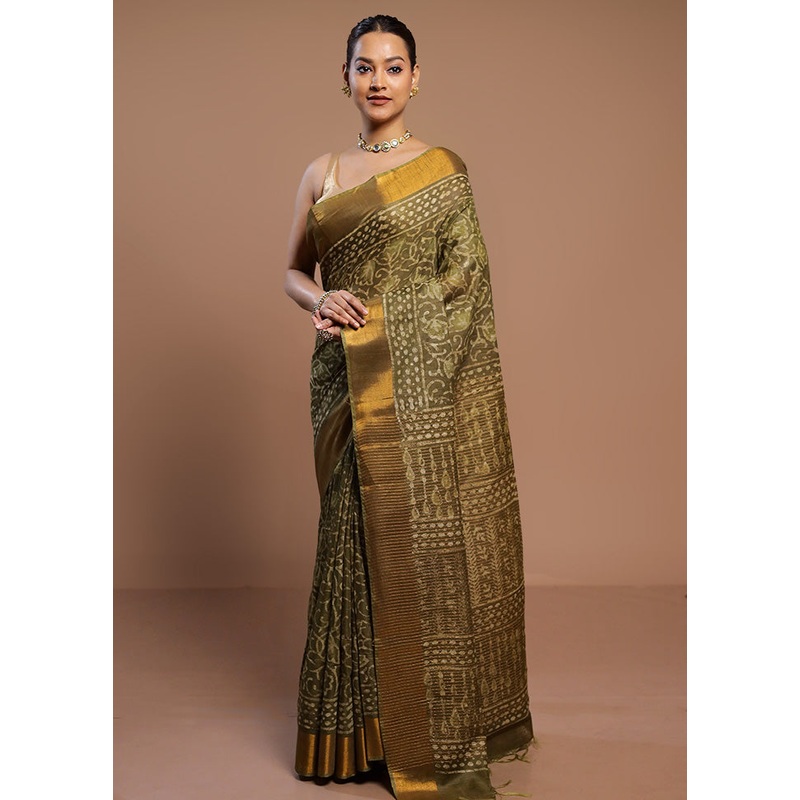 Green Linen Silk Saree With Blouse Piece - JD986578526
