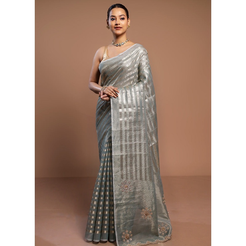 Green Tissue Silk Saree With Blouse Piece - JD986578525