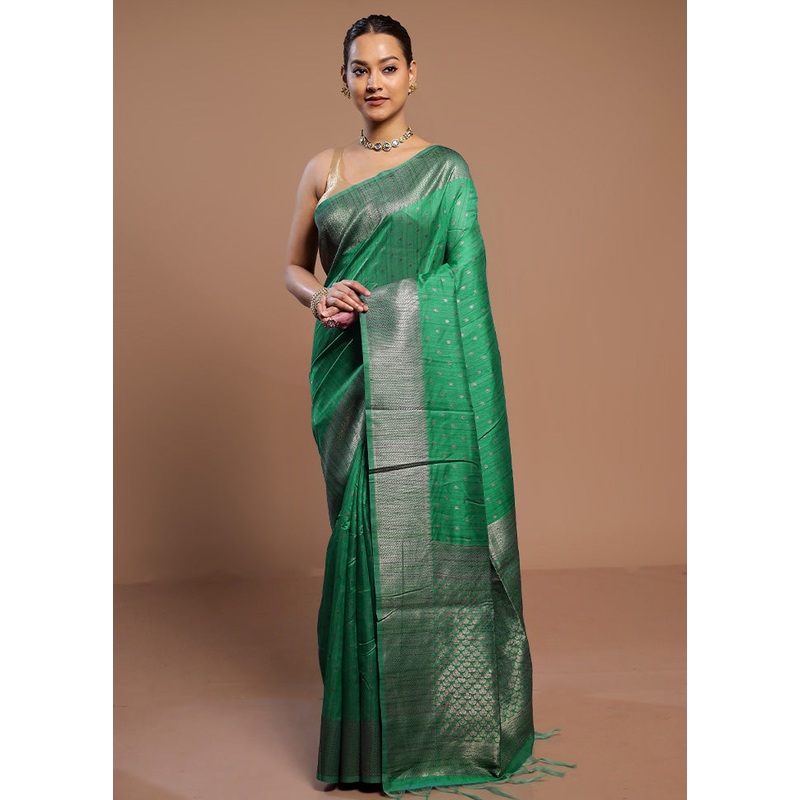 Green Tussar Silk Saree With Blouse Piece - JD986578522