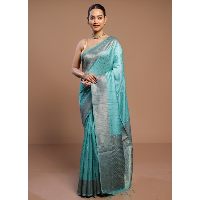 Green Tussar Silk Saree With Blouse Piece - JD986578523