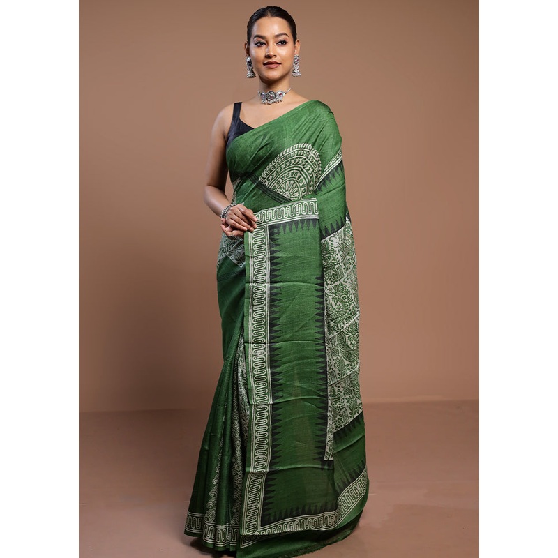 Green Tussar Silk Saree With Blouse Piece - JD986578524
