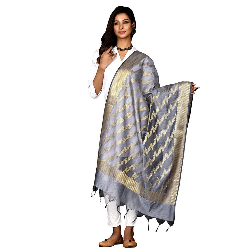 Grey Cotton Silk Zari Work Dupatta - JD986578647