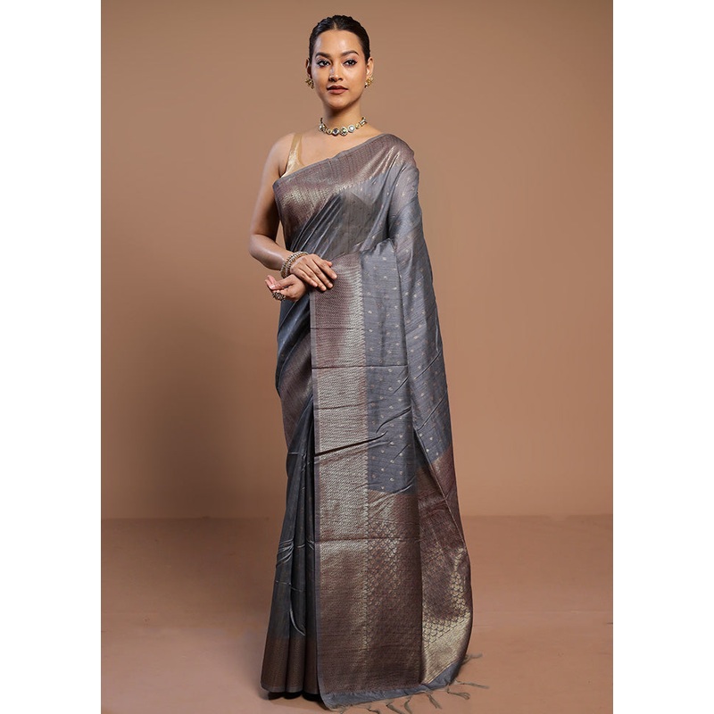 Grey Tussar Silk Saree With Blouse Piece - JD986578520