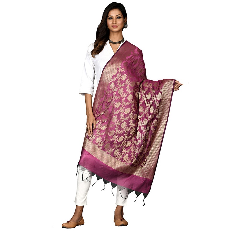 Magenta Cotton Silk Zari Work Dupatta - JD986578646