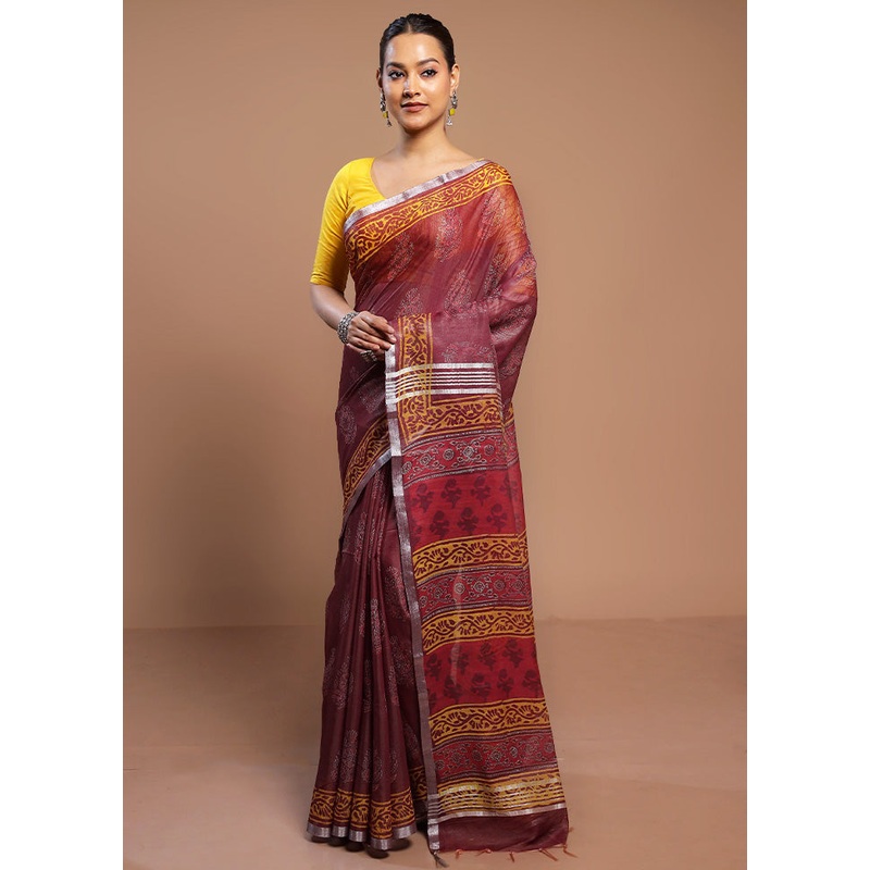 Maroon Linen Silk Saree With Blouse Piece - JD986578517