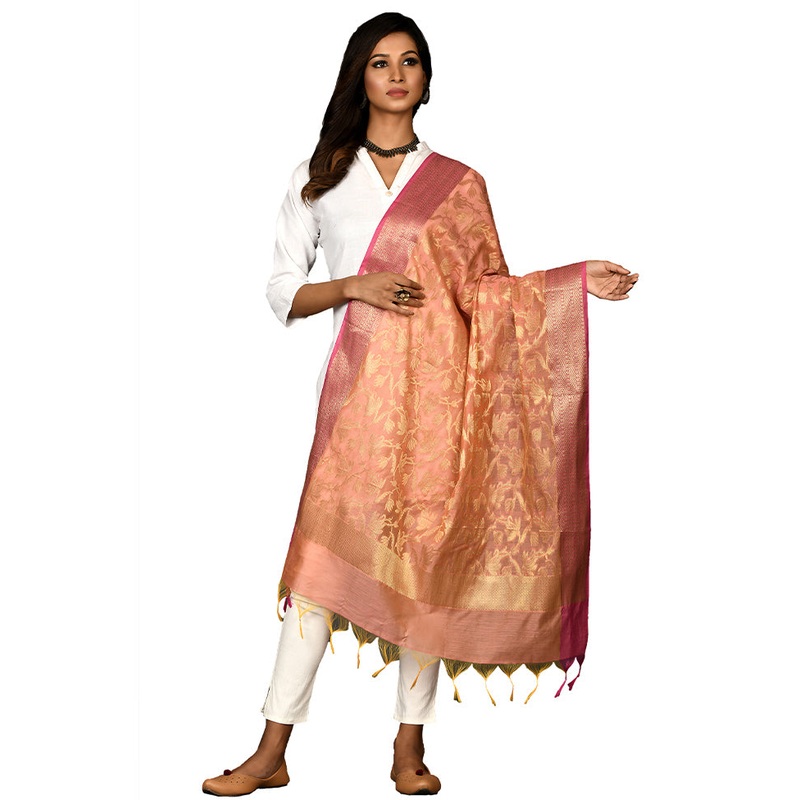 Peach Cotton Silk Zari Work Dupatta - JD986578645
