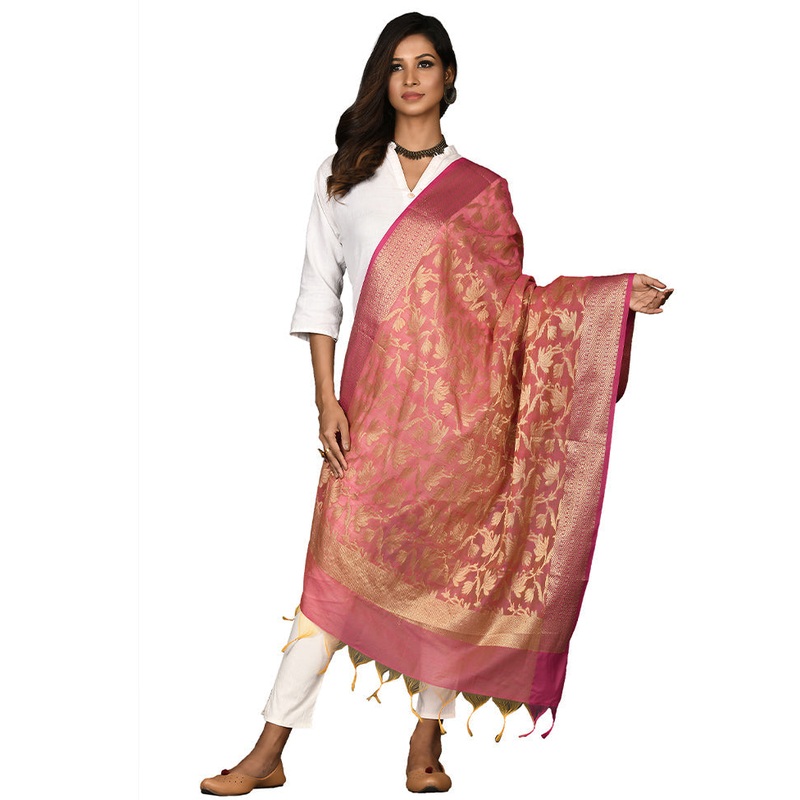 Pink Cotton Silk Zari Work Dupatta - JD986578644