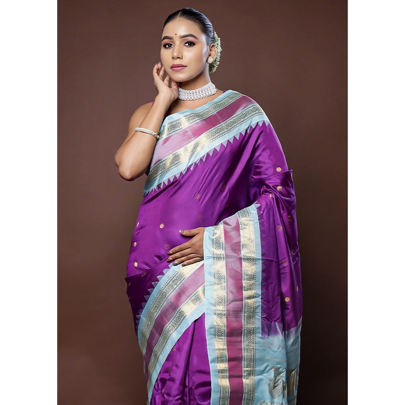 Purple Gadwal Pure Silk Saree Without Blouse Piece - JD986578664